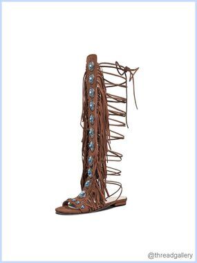 Women's Boho Fringe Gladiator Sandals Knee-High Lace-Up Flat Faux Suede